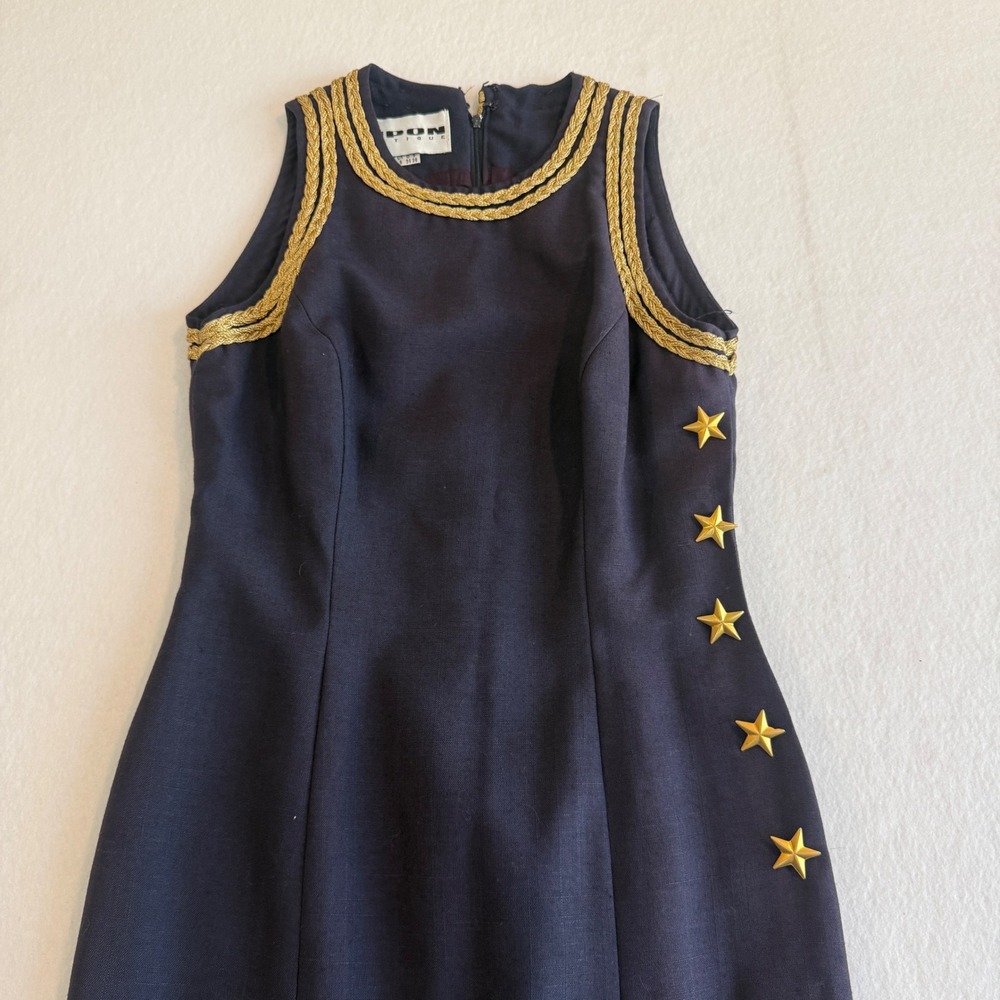 Nipon Boutique Maxi Dress Women 4 Navy Blue Gold Star Trim Vintage Sleeveless